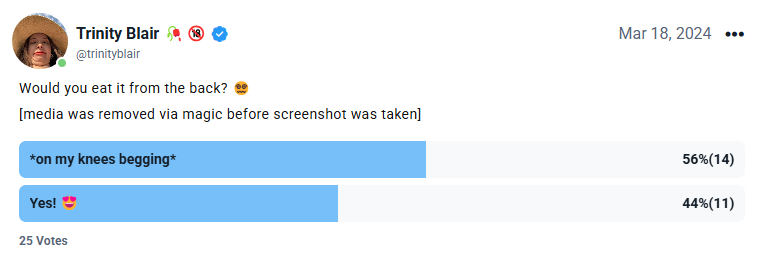 A screenshot of a Fansly post by @trinityblair on Mar 18, 2024 that reads: "Would you eat it from the back? [dazed emoji]
[media was removed via magic before screenshot was taken]"

A poll displays below the text with a total of 25 votes. The first option that reads "*on my knees begging*" has 56%(14) votes and the second option that reads "Yes! [heart eyes emoji]" has 44%(11) votes.