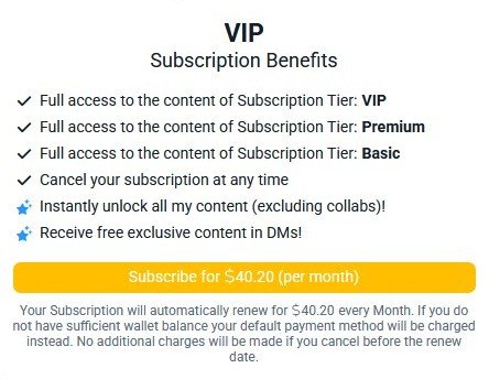 VIP
Subscription Benefits

- Instantly unlock all my content (excluding collabs)!
- Receive free exclusive content in DMs!

Subscribe for $40.20 (per month)
