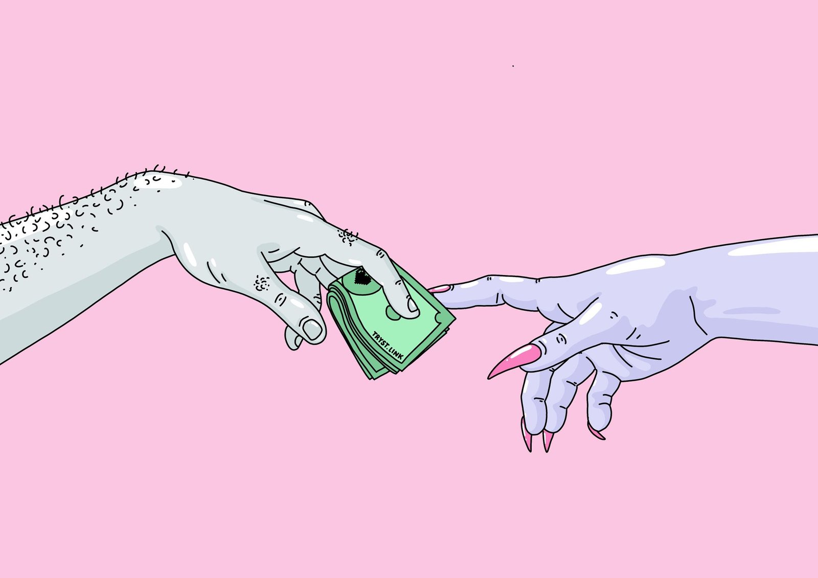 A pink background with two hands coming from the left and right, meeting in the middle exchanging cash.